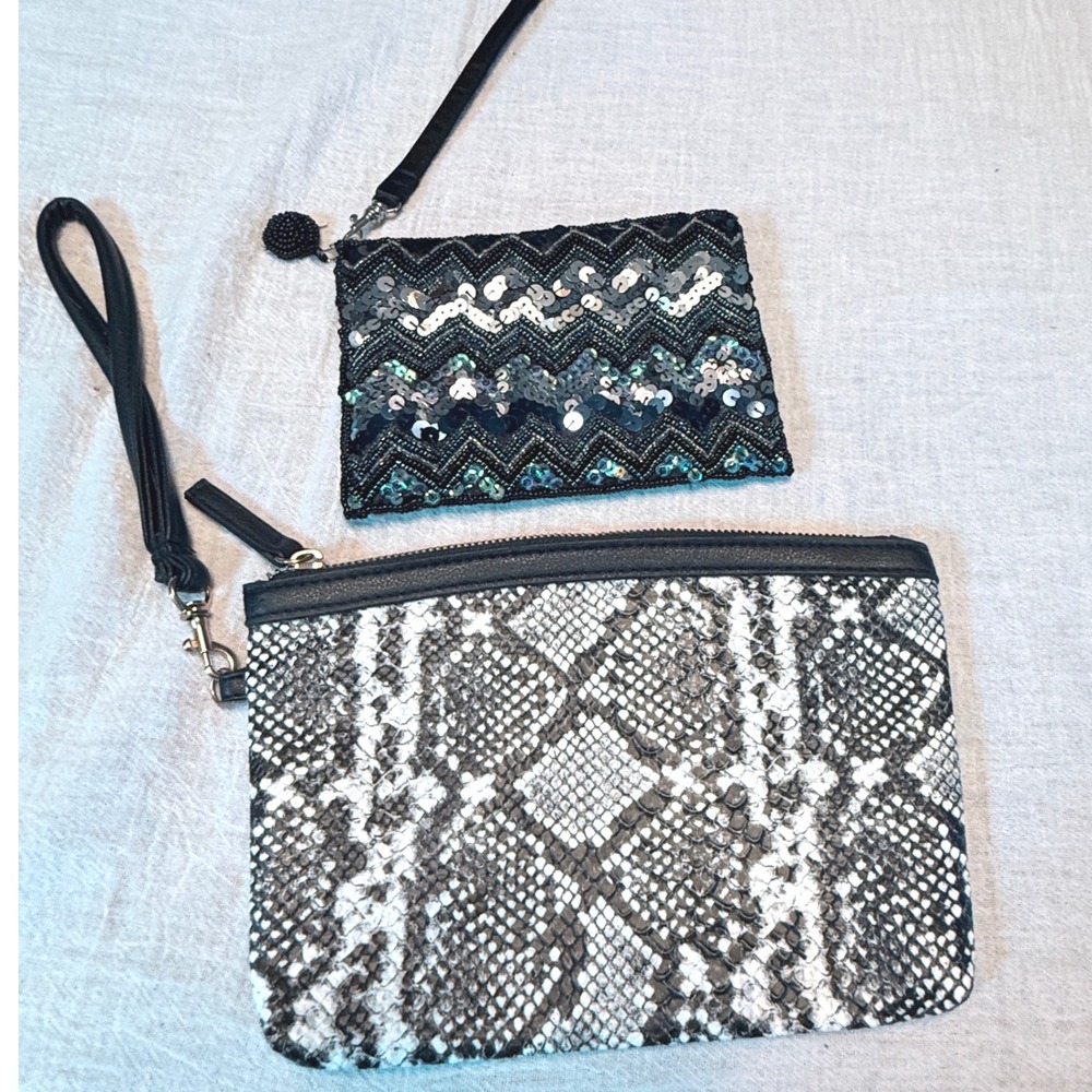 Sparkling Sequin & Snake‎ Print Wristlet Clutch Set Two Piece Evening Bag